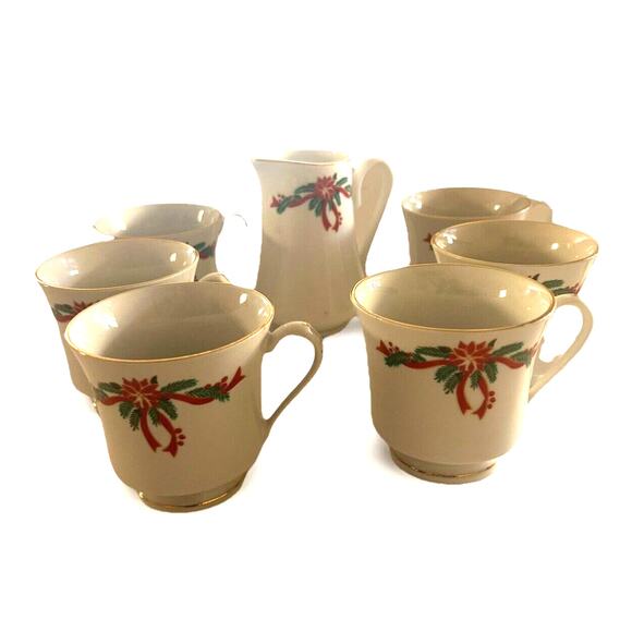 Poinsettia And Ribbons Fine China 6 Christmas Holidays Tea Cups and Creamer - Picture 1 of 15